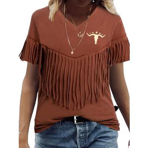 Western Vintage Shirt Cowgirl Outfit: Women Fringe Graphic Tees Rodeo Short Sleeve Tshirt Summer Vacation V Neck Tops (X-Large, Vintage Brown)