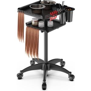 Rolling Salon Tray on Wheels with Braiding Hair Platform, Metal Salons Tray Cart with 2 Magnetic Bowls, Hairstylist Tray for Salon Station, Height Adjustable Salons Trolley Cart for Salon&Spa Use