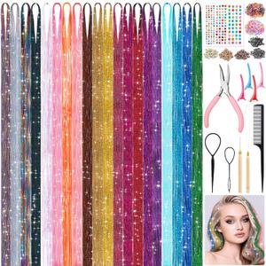20 Colors Fairy Hair Tinsel Kit 4000 Glitter Strands 48Inch Heat Resistant Tinsel Hair Extensions Sparkling Shiny Highlights Hairs Tinsels with Tools for Christmas Halloween New Year Cosplay Party