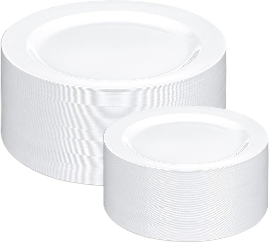 200PCS White Plastic Plates Disposable 10inch Dinner Plates and 7inch Dessert Salad Plates Heavy Duty Plates for Wedding Party and Birthday