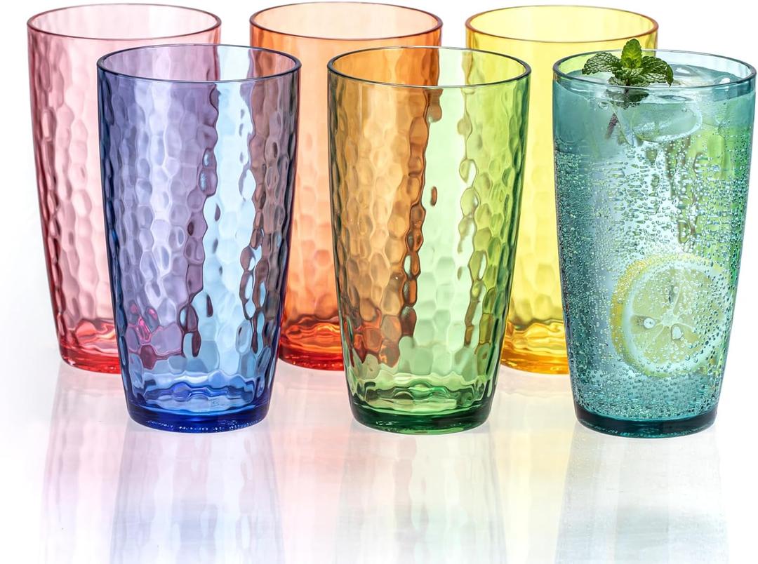 20oz Coloful Acrylic Glasses Drinkware (Set of 6), Hammered Design Shatter-Proof Plastic Cups, Reusable Plastic Large Drinking Tumblers, Stackable, BPA-Free, Dishwasher-Safe (Colorful)