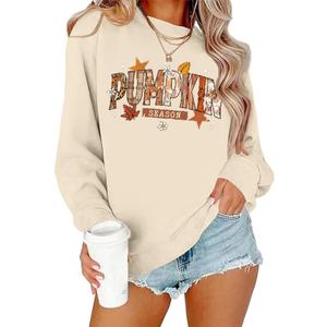 Happy Thanksgiving Sweatshirts for Women Pumpkin Letter Graphic Shirts Fall Thankful Long Sleeve Pullover Tops (Medium, Apricot-2)