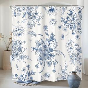 LIGHTINHOME Blue Floral Shower Curtain 72Wx72H Inches,Boho Vintage Navy and White Flowers Bathroom Curtains,Decorative Bird Farmhouse Shower Curtain Set,Chinoiserie Aesthetic Bathroom Decor with Hooks