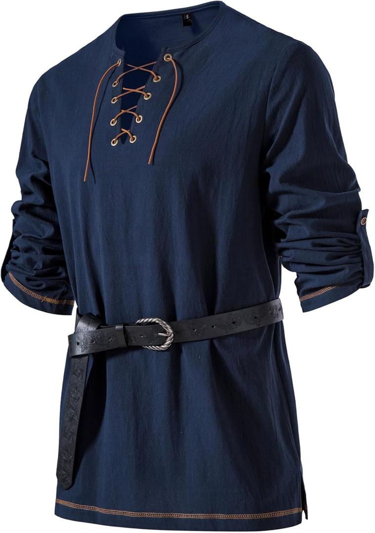 JEMITOP Men's Pure Cotton Vintage Lace Up Shirts for Pirate Renaissance Viking Medieval Costume Without Belt (Large, Navy Blue)