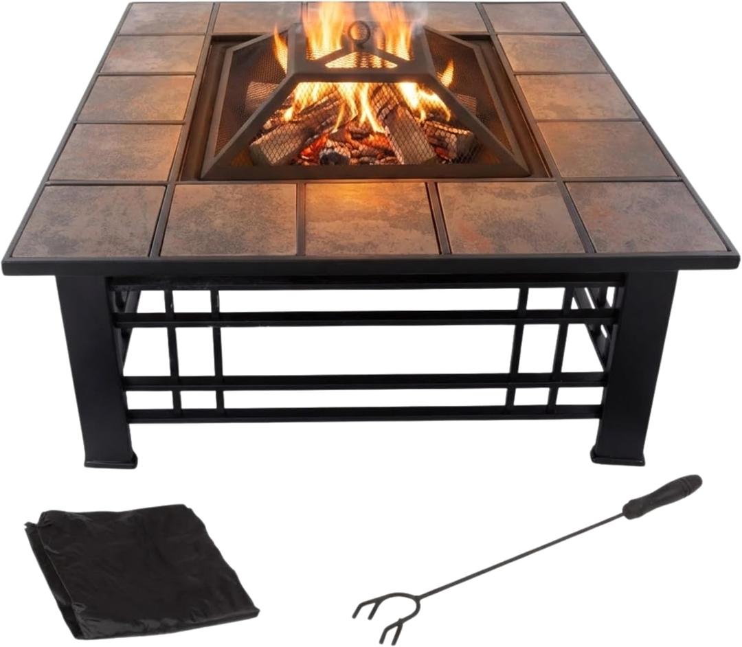 Fire Pit Set, Wood Burning Pit - Includes Spark Screen and Log Poker - Great for Outdoor and Patio, 32 Square Tile Firepit by Pure Garden