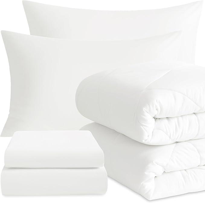 NTBAY Twin Comforter Set with Sheets, 5 Pieces Soft and Breathable Twin Bedding Set, Twin Bed in a Bag, Down Alternative Comforter Set Solid Color All Season, Kids Bedding Set, White