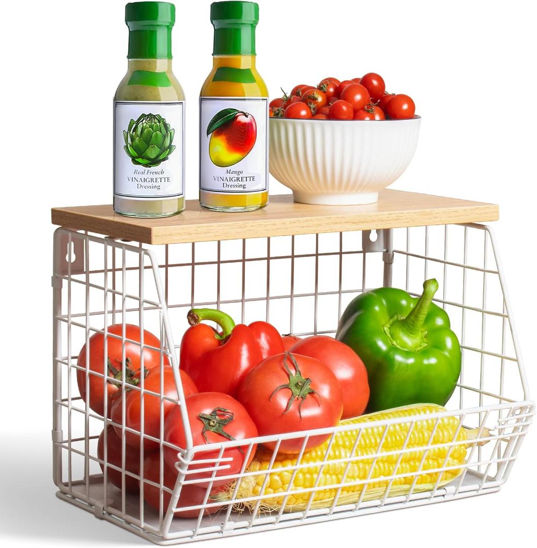 White Fruit Bowl Wire Basket Storage Pantry Fruit and Vegetable Storage Fruit Basket for Kitchen Counter Stackable Wall Mounted Hanging Basket Wire Basket with Wood Lid with Hanger Hooks (1x Medium)