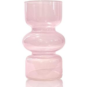 BLOFLO Pink Transparent Glass Hydroponic Vase, 7Inches Colored Glass Vase for Flower, Modern Geometric Three-Layer Floral Vases for Home Office Wedding Table Dcor(Pink)