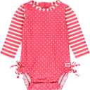 RuffleButts Baby Girls UPF 50+ Sun Protection Gingham Printed Long Sleeve One Piece Rash Guard Swimsuit with Zipper (2T, Hot Pink Heart)
