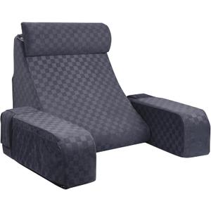 Vekkia Reading Pillow for Sitting in Bed Adult,Back Pillow for Sitting Up,Backrest Support Pillow with Arm Rest,Bed Chair Pillow with Big Pockets for Gaming,Watching TV in Floor,19in(Grace Grey)