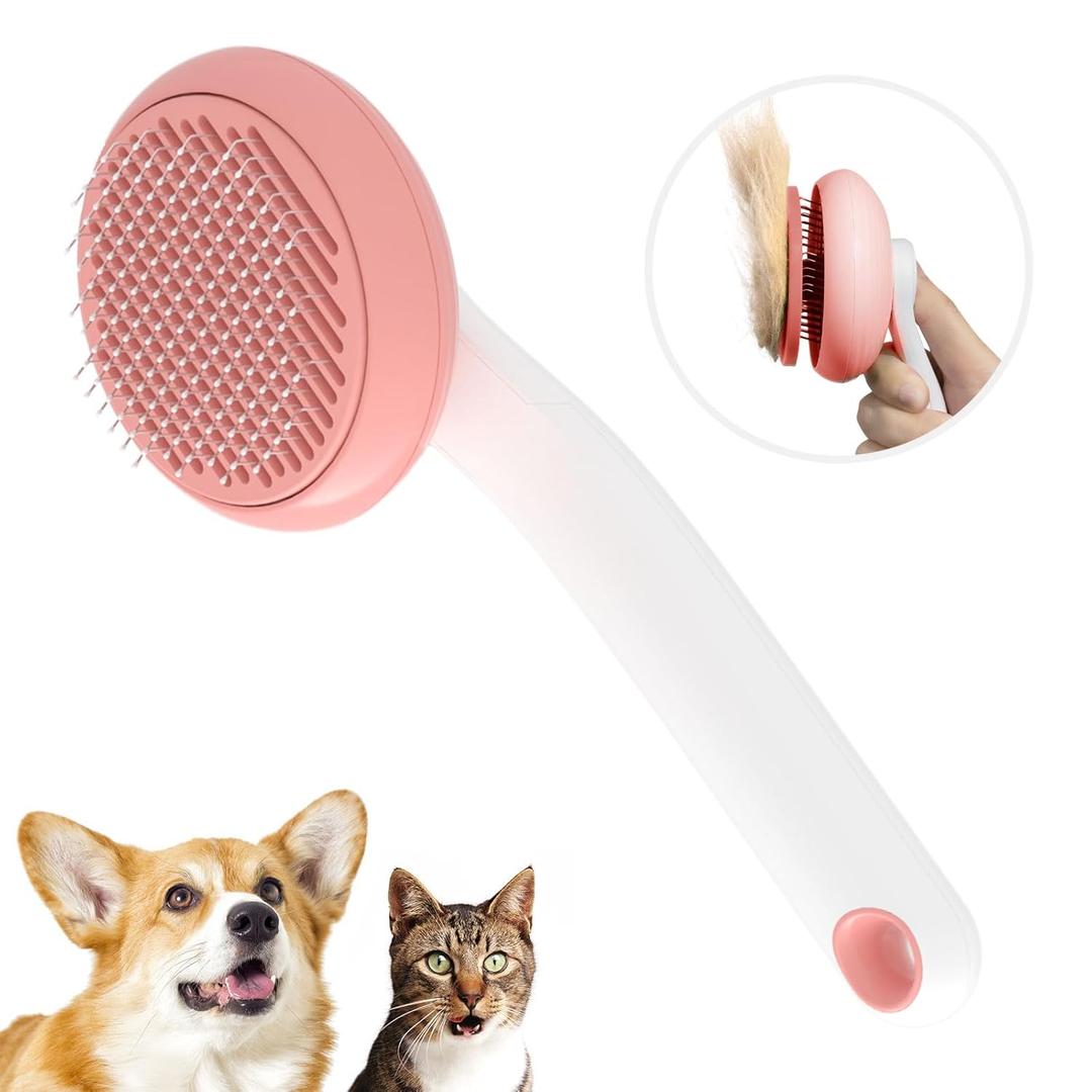 Slicker Brush for Cats & Dogs, Pet Grooming Self Cleaning Brush for Shedding, Cat Deshedding Brush Easily Removes Tangles Hair and Loose Undercoat, Pink