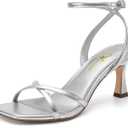 Athlefit Kitten Heels for Women Square Open Toe Strappy Heeled Sandals Ankle Strap Dress High Heels for Prom Party Wedding (7.5, Silver)