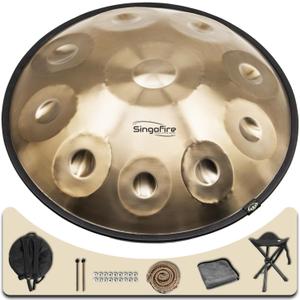 "SINGOFIRE" 10-Notes Handpan Drum, Handpan Drums for Adults, 22-Inch 440Hz D Minor Kurd Handpan, Handpans Instrument with Soft Drum Bag, 2 Handpan Mallets, Stand and Dust-Free Cloth(Gold)