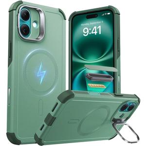 ESR for iPhone 16 Case with Stash Stand, Camera Control, 23FT Military-Grade Shock-Absorbing Drop Protection, Compatible with MagSafe Accessories, Magnetic Cyber Series, Light Green