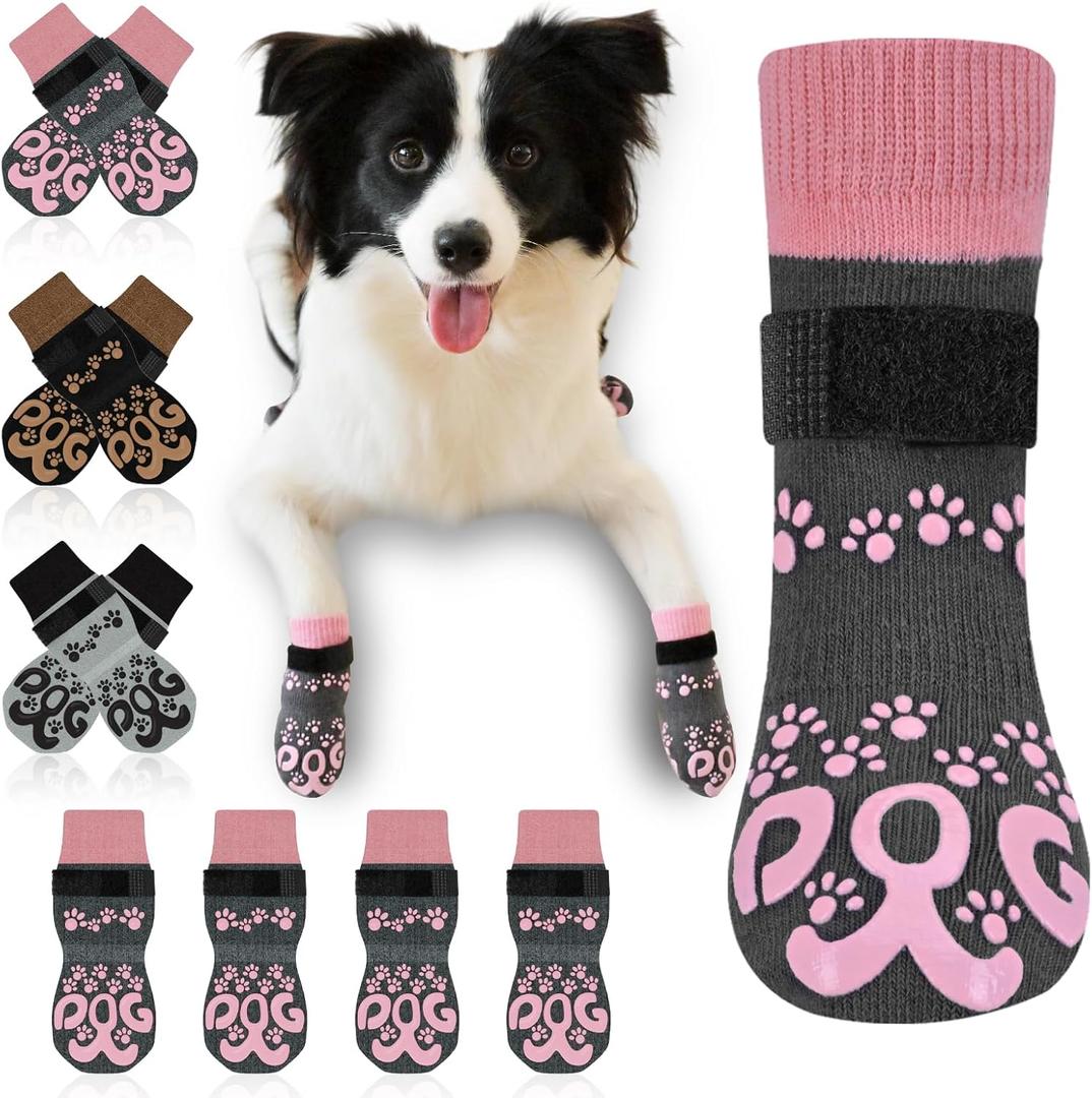 Anti Slip Dog Socks to Prevent Licking Paws - Double Side Paw Covers Dogs Grip Sock for Hardwood Floors, No Twist Dog Booties Grippy Socks for Senior Dogs, Dark Grey and Pink, Large (Pack of 4)