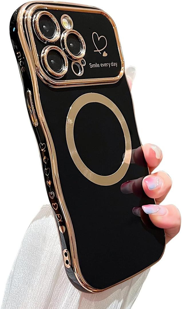 ZONRW for iPhone 15 Pro Max Case Magnetic,for Women Girls Soft Cute Wave Frame Curly Shape Love Heart Luxury Plating Phone Case Compatible with MagSafe Shockproof Back Cover 6.7"-Black