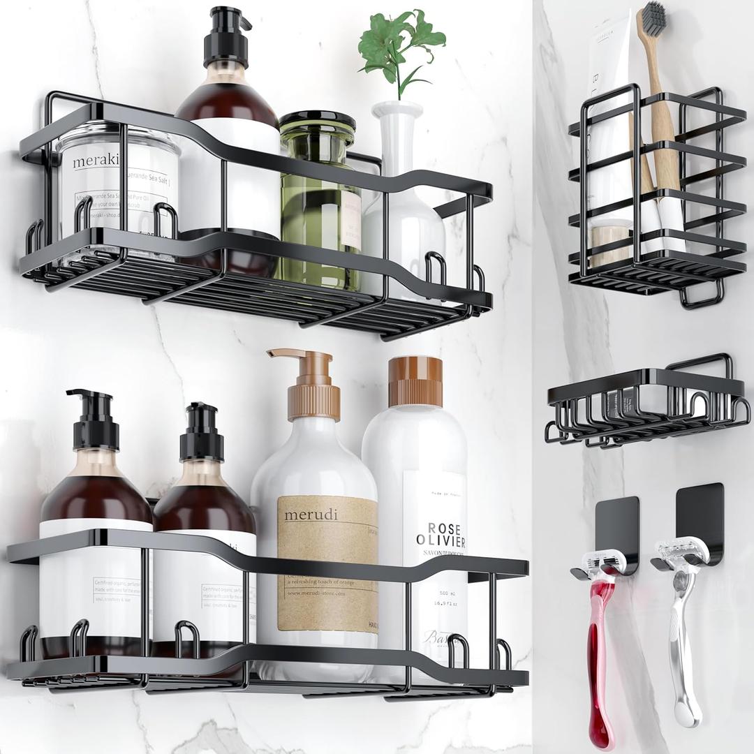 Shower Caddy Bathroom Shelves, The Athena Silken Black 4 Set, 40LB Capacity, Adhesive Tape - No Drill-Rustproof -Gorgeous Powder Coated 304 Stainless Steel Shower Organizer for kitchen and Home Decor