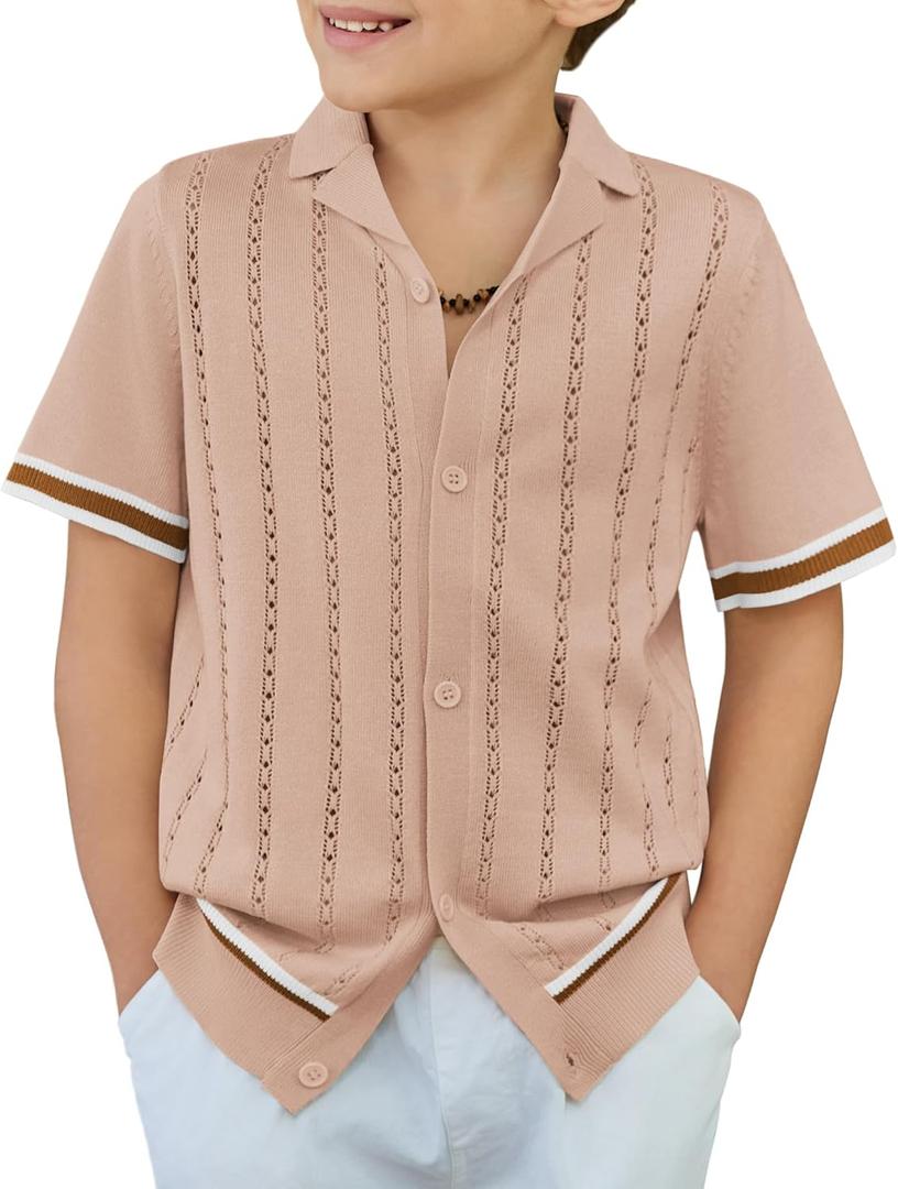 Arshiner Boys Knit Shirts Short Sleeve Button Down Shirt Vintage Fashion Casual Summer Beach Shirts for Kids 5-13 Years (Beige)