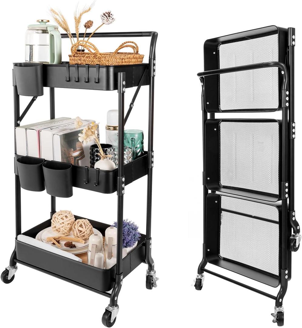 3 Tier Foldable Rolling Cart with Wheels, Folding Utility Cart Organizer, Collapsible Rolling Storage Cart with 3 Hanging Cups & 6 Hooks for Kitchen, Office, Nursery(Black)