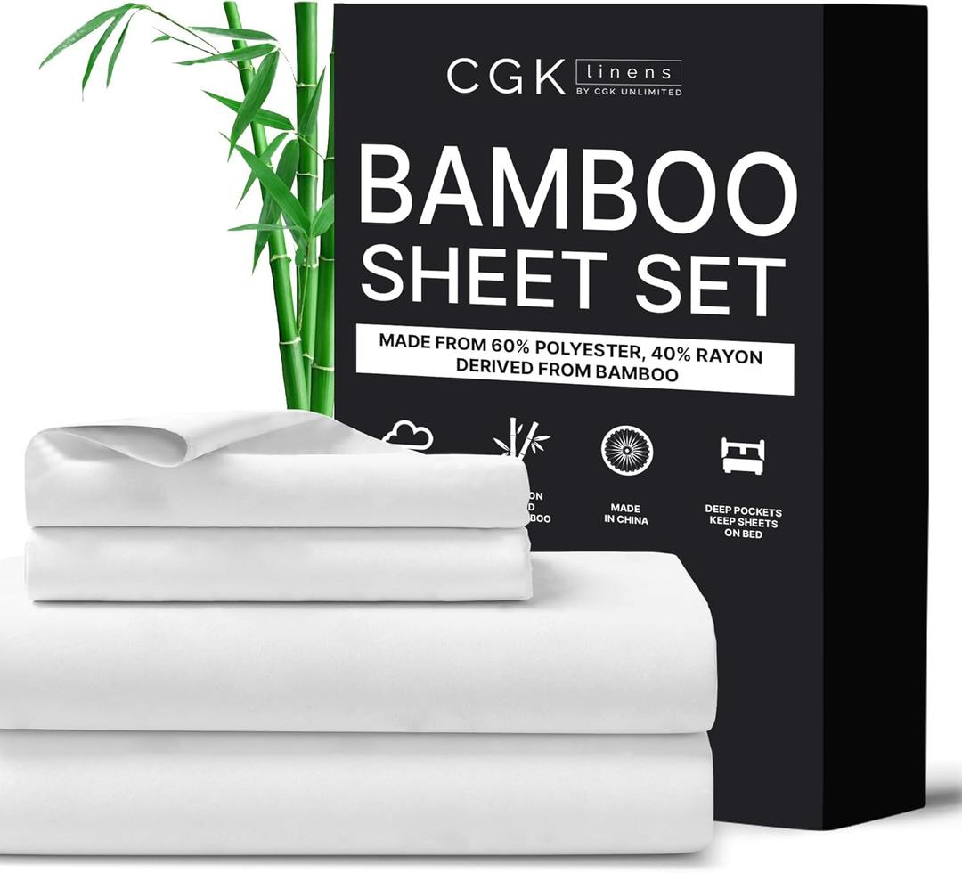 CGK Unlimited Queen Size Bed Sheets- Cooling & Breathable, 60% Polyester, 40% Rayon Derived from Bamboo Super Soft & Comfy for Hot Sleepers to Stay Cool (Queen, White) (02- Bright White)