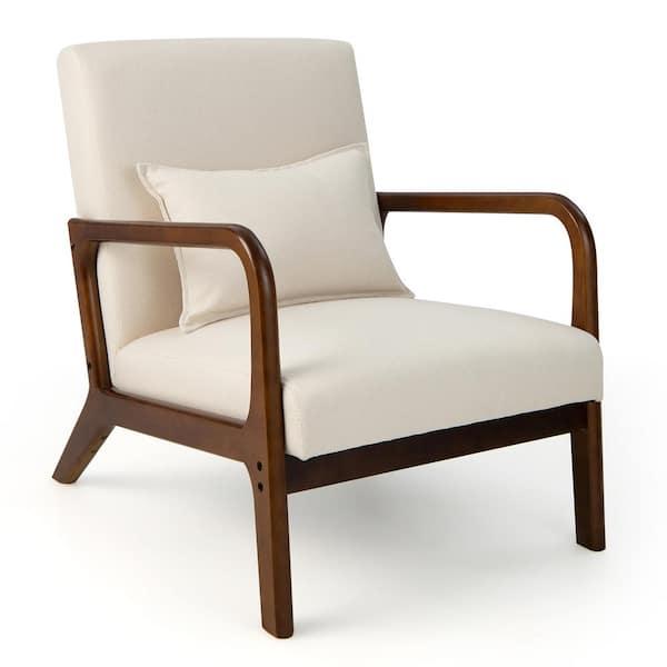 Beige Modern Accent Chair Leisure Armchair with Rubber Wood Frame and Lumbar Pillow GHMHSKU00907