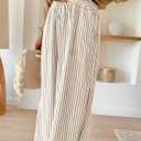 Acelitt Women Casual Drawstring Elastic Waist Striped Wide Leg Pants with Pockets, (L)
