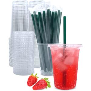 16 oz Clear Plastic Cups with Lids and Straws, Disposable Coffee Cups 25 Sets