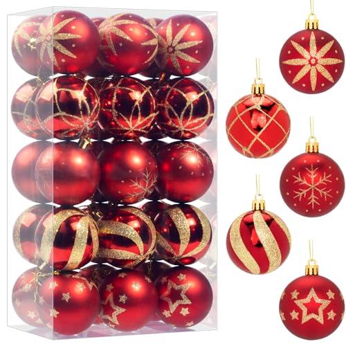 30 Pcs Christmas Ball Ornaments Set, 2.36'' Red and Gold Hand-Painted Ornament Bulk for Xmas Tree, Shatterproof Tree Decorations for Holiday Party, Wreath, Winter Décor