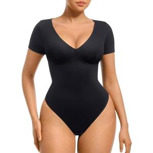 FeelinGirl Short Sleeve Bodysuit for Women Tummy Control Shapewear Going Out V Neck Shirt Slim Top, XXL