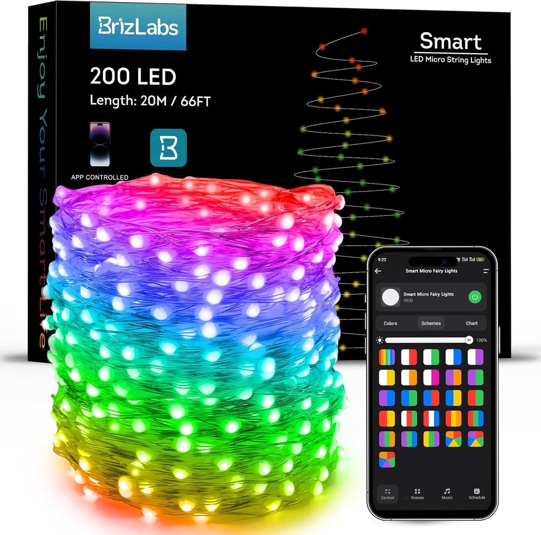 BrizLabs Smart Fairy String Lights, 66ft 200 LED WiFi RGB Christmas Fairy Lights App Control, Dimmable Rainbow Christmas Lighting, Music Sync Xmas Decorative Lighting Work with Alexa & Google Home