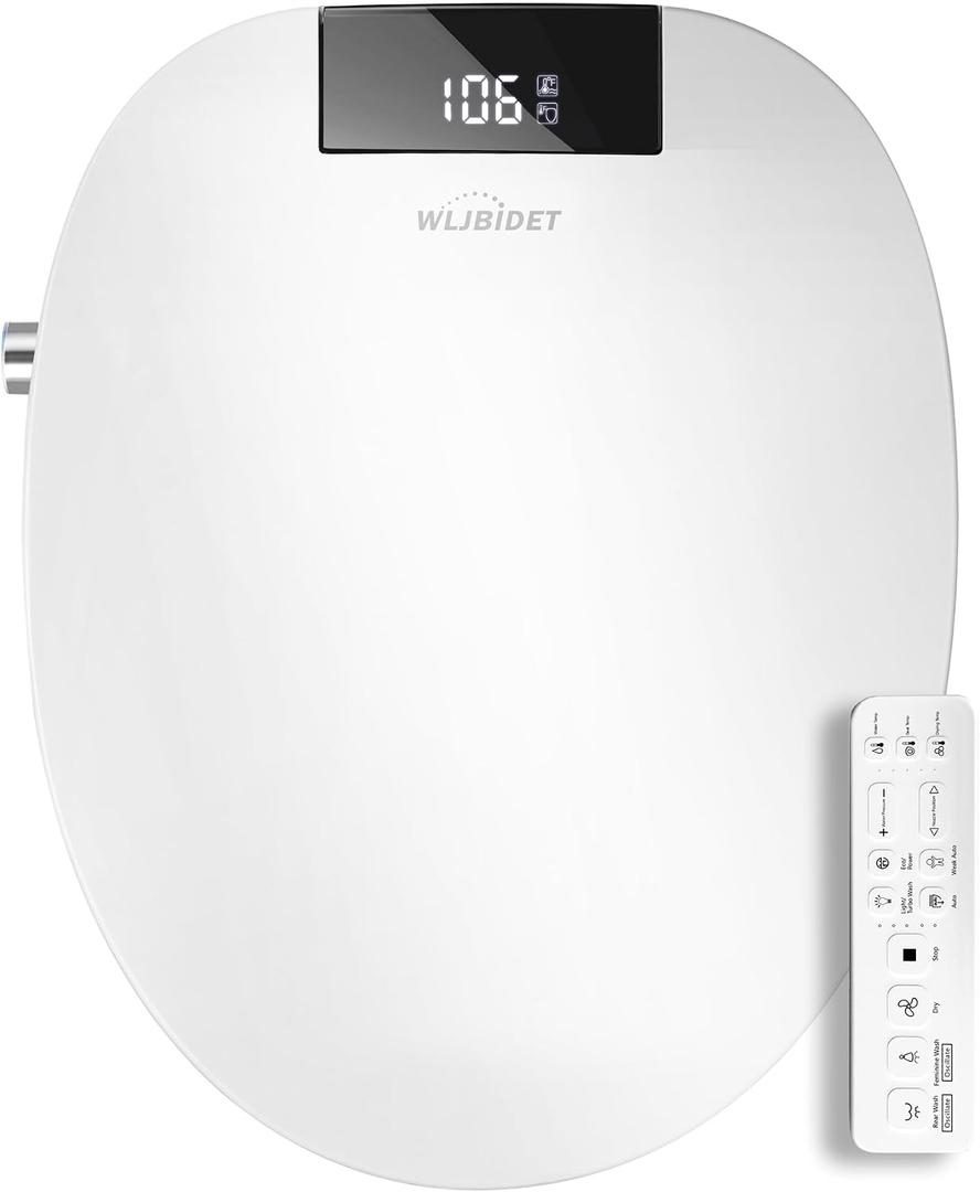 WLJBIDET Bidet Toilet Seat with Remote Control, Electronic Heated Bidet Seat with Adjustable Warm Water and Pressure, Warm Air Drying, Display Screen, Night Light, Slow Closed Toilet Lid, Round