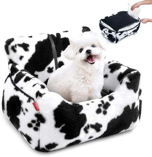 BurgeonNest Dog Car Seat for Small Dogs, Detachable and Washable Cat Carseats Under 25 lbs, Soft Pet Booster Seats with Storage Pockets and Clip-On Leash Portable Car Travel Carrier Bed, Milk Cow