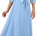 Dokotoo Womens Dresses Lace V-Neck Half Sleeve Belted Empire Waist Casual Dress A-Line Hem Summer Midi Dress with Pockets (S)