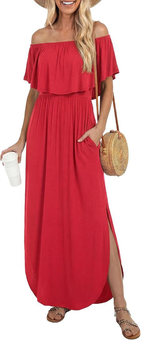 LILBETTER Womens Off The Shoulder Ruffle Party Dresses Side Split Beach Maxi Dress Large