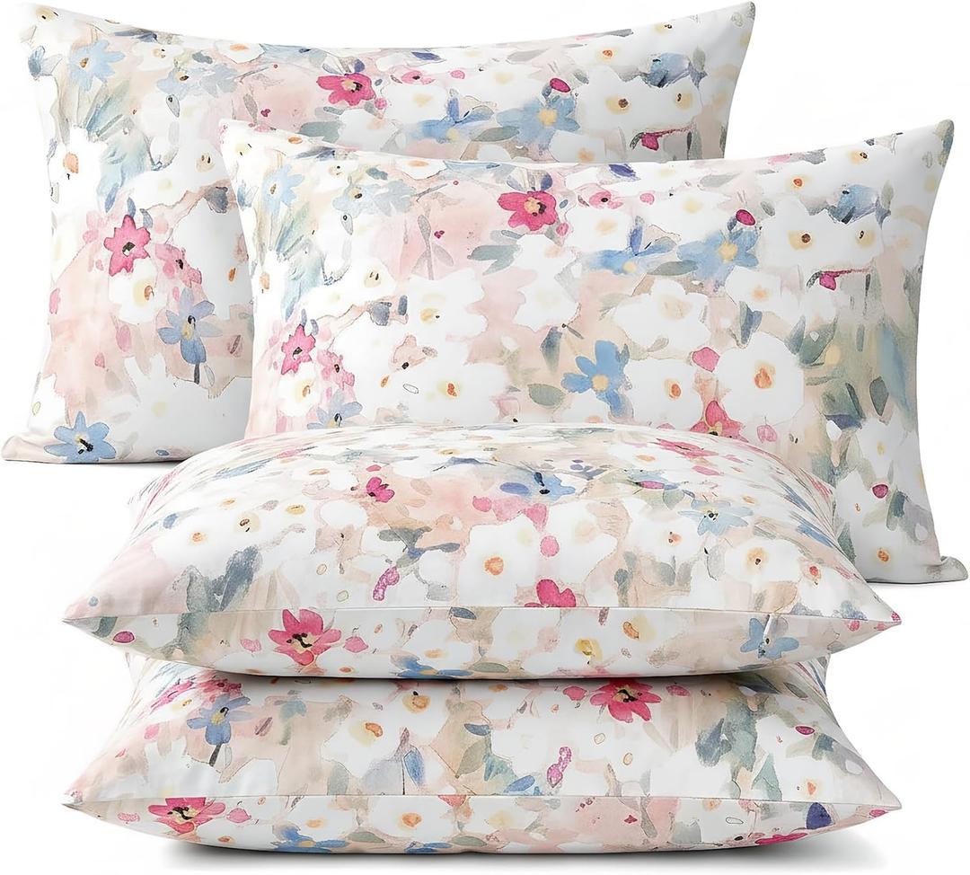 Floral Standard Pillow Cases Set of 4, Ultra Soft Double Brushed Microfiber Pillowcases with Zipper, Shrinkage and Fade Resistant, 20"x30" (#157 Bloom Mingle)