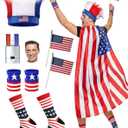 7Pcs American Flag Cape Costume,USA Patriotic Accessories Olympic Sports Cheering,4th of July Outfit,250th Anniversary Apparel Adjustable Hairy Headband Wigs,Socks,Wristbands,Face Body Paint Sticks