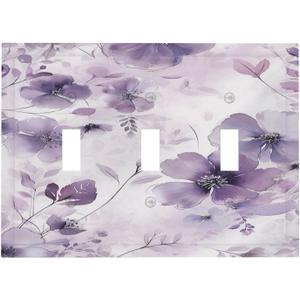 Decorative Light Switch Cover Plate Delicate Purple Watercolor Floral 3 Gang Wall Plate Triple Toggle Switch Plate Covers Electrical Outlet Cover for Bedroom Cabin Decor