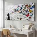 Canvas Wall Art Butterfly Girl - Modern Graffiti Paintings for Living Room, Bedroom Wall Decor, Framed Wall Art for Home or Office Decoration 48x24in