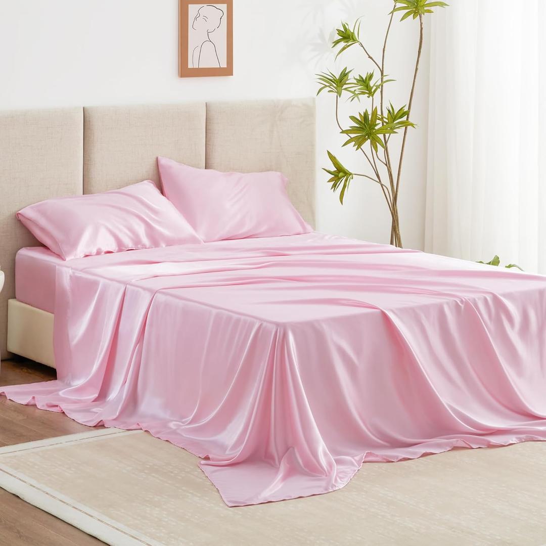 Love's cabin Full Size Satin Sheet Sets - 4 Piece Pink Silky Sheet Set Full with Deep Pocket, Luxury Silk Feel Bed Sheets Full Bedding Set (1 Flat Sheet, 1 Fitted Sheet, 2 Pillow Cases)