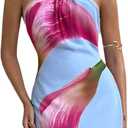 MakeMeChic Women's Floral Halter Backless Cocktail Dress Ring Sleeveless Fall Mini Dresses (Large, Multicolor)