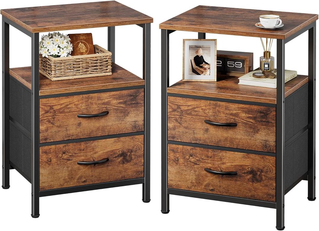 Huuger Night Stand Set of 2, Nightstand with 2 Drawers, Bed Side Table with Open Shelf, Wooden Top, End Table, Fabric Drawer, for Bedroom, Rustic Brown, 15.7 X 11.8 X 23.6 Inches