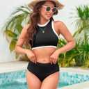 XUNYU Women High Waisted Bikini Set Ribbed 2 Piece Bestselling Swimsuit Tummy Control Bathing Suit for Teens Swim Suit 2025 (Black, XL)