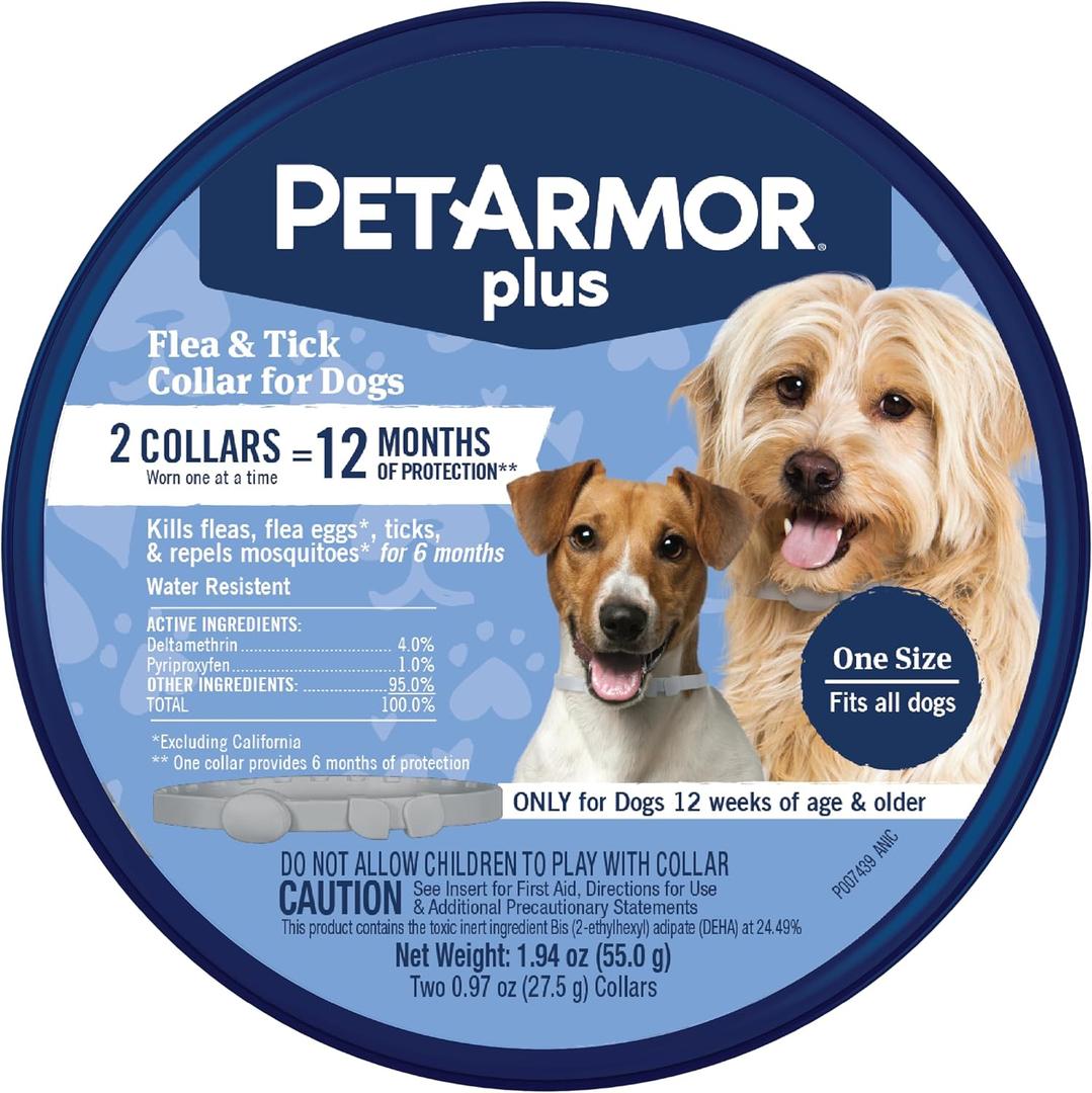 PetArmor Plus Flea & Tick Collar for Dogs, Kills Fleas & Ticks, Long Lasting Protection for 12 Months, Water Resistant, One Size Fits All, 2 Collars (2 Count)