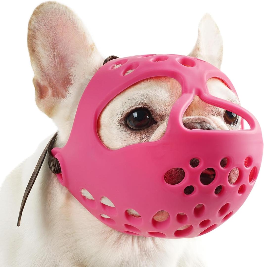 BARKLESS Short Snout Dog Muzzle, Soft Silicone Flat Faced Muzzle for French Bulldog Shih Tzu and Pug for Biting Chewing Licking and Grooming, Allows Panting (M, Hot Pink)