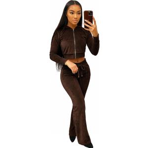 yidengymx Womens Velour Tracksuit Two Piece Outfits for Women Long Sleeve Hooded Zip Crop Tops Flared Pants Set (Hoodie/Wide Leg Pants-brown) XL