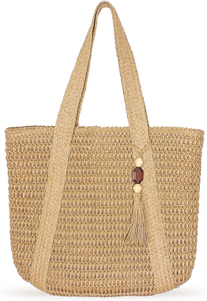 Aovtero Straw Beach Bag for Women Woven Structured Tote Bag Summer Shoulder Handbags | Straw