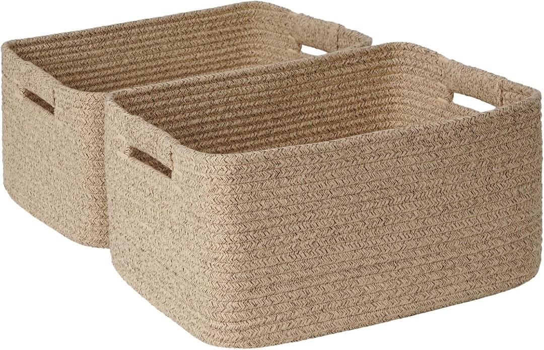 2 Pack Large Storage Basket for Organizing, 17.5"x13"x7" Woven Basket for Shelves, Closet Cube Storage Bins with Wrapped Handle, Cotton Rope Baskets for Kitchen, Clothes, Toys (Natural))