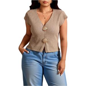 SOLY HUX Women's Plus Size Ribbed T Shirts V Neck Cap Sleeve Metal Button Knit Tee Going Out Tops (Pure Khaki), 
3X-Large Plus