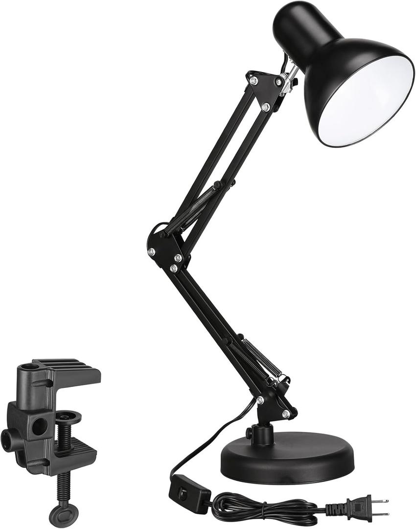 Metal Desk Lamp, Adjustable Swing Arm, E26, Black | Architect Gooseneck Multi-Joint Clip Table Lamp with Plastic Clamp, for Home Office, Work, Study, Reading, Bulbs not Included