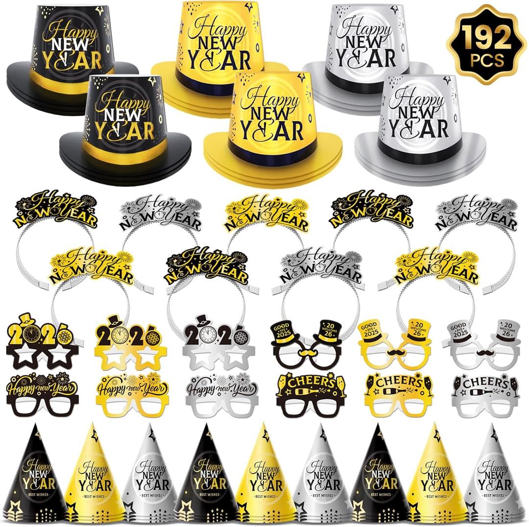 192PCS New Years Eve Party Supplies 2026 for 96 Guests, Happy New Years Decorations Party Favors Includes Top Hats, Tiaras, Glasses Accessories for Adults Nye Decorations 2026